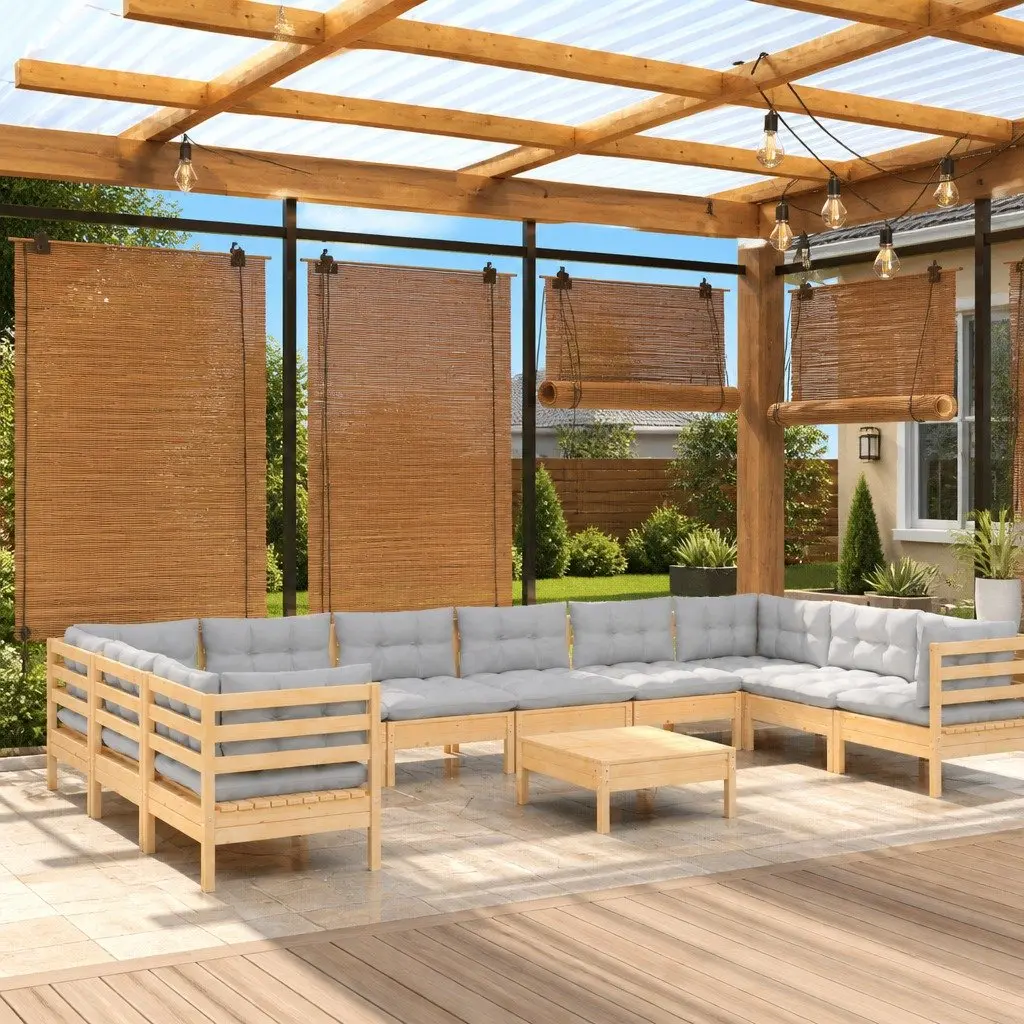 Garden Lounge Set 11 Piece Outdoor Patio Furniture Grey Cushions Pinewood