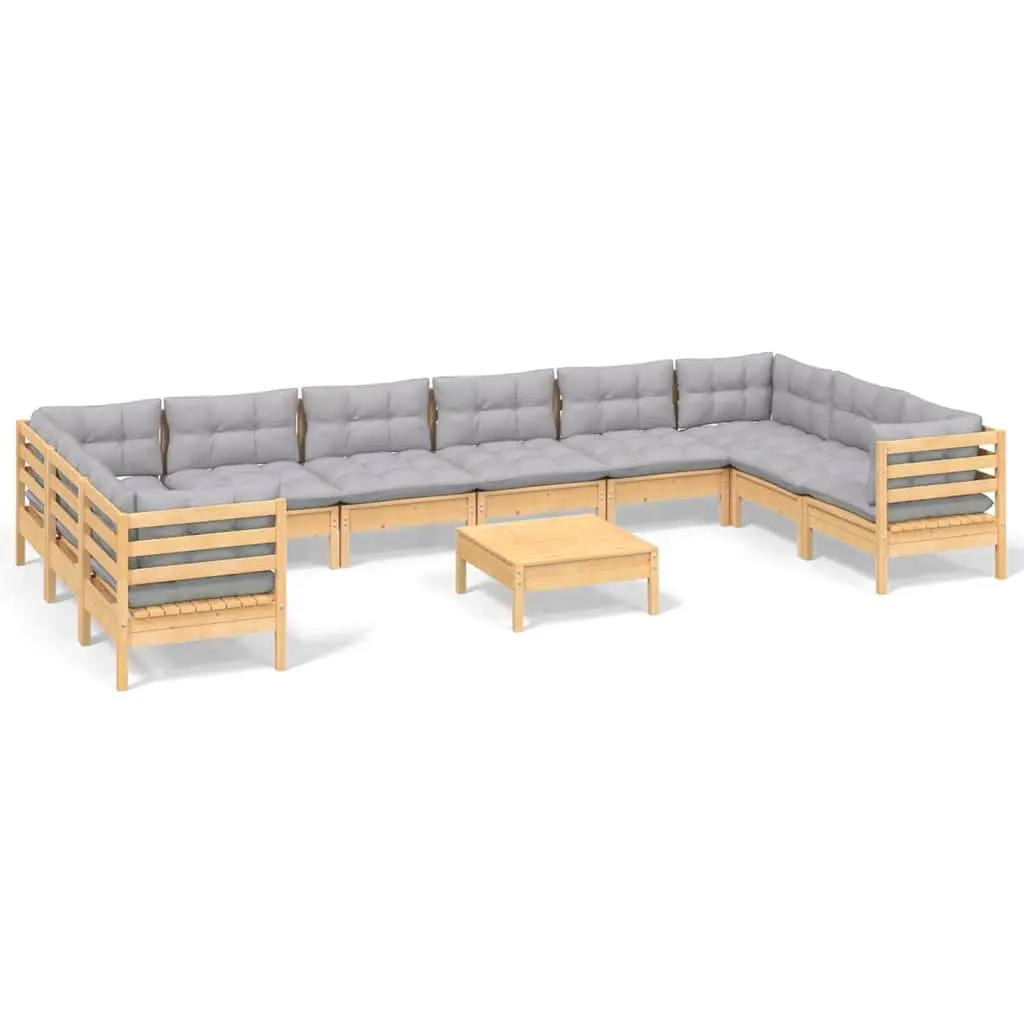 Garden Lounge Set 11 Piece Outdoor Patio Furniture Grey Cushions Pinewood