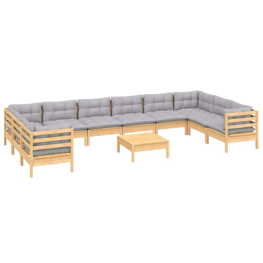 Garden Lounge Set 11 Piece Outdoor Patio Furniture Grey Cushions Pinewood
