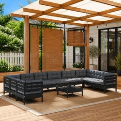 Garden Lounge Set 11 Piece Outdoor Furniture Black Pinewood with Cushions