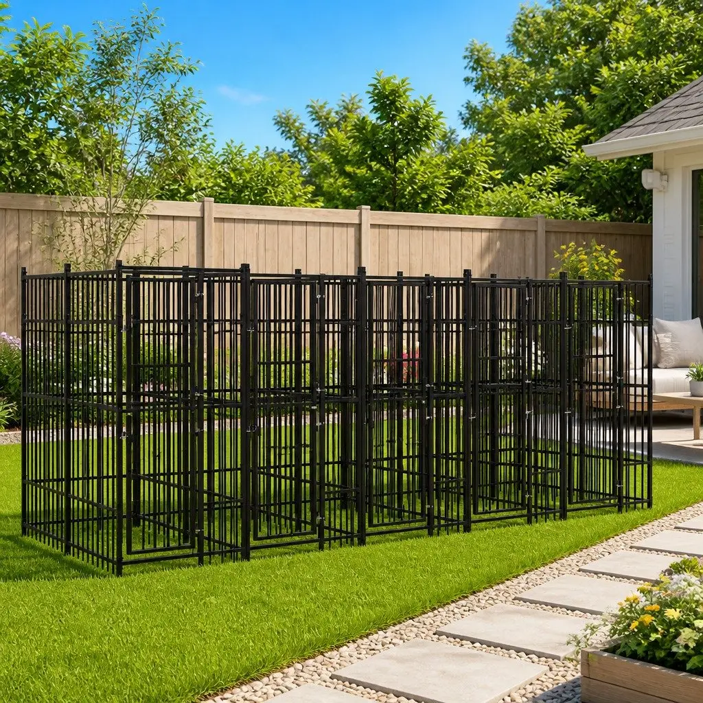 Dog Kennel Outdoor Run Exercise Pen Enclosure Steel Large 9.22 m² Black