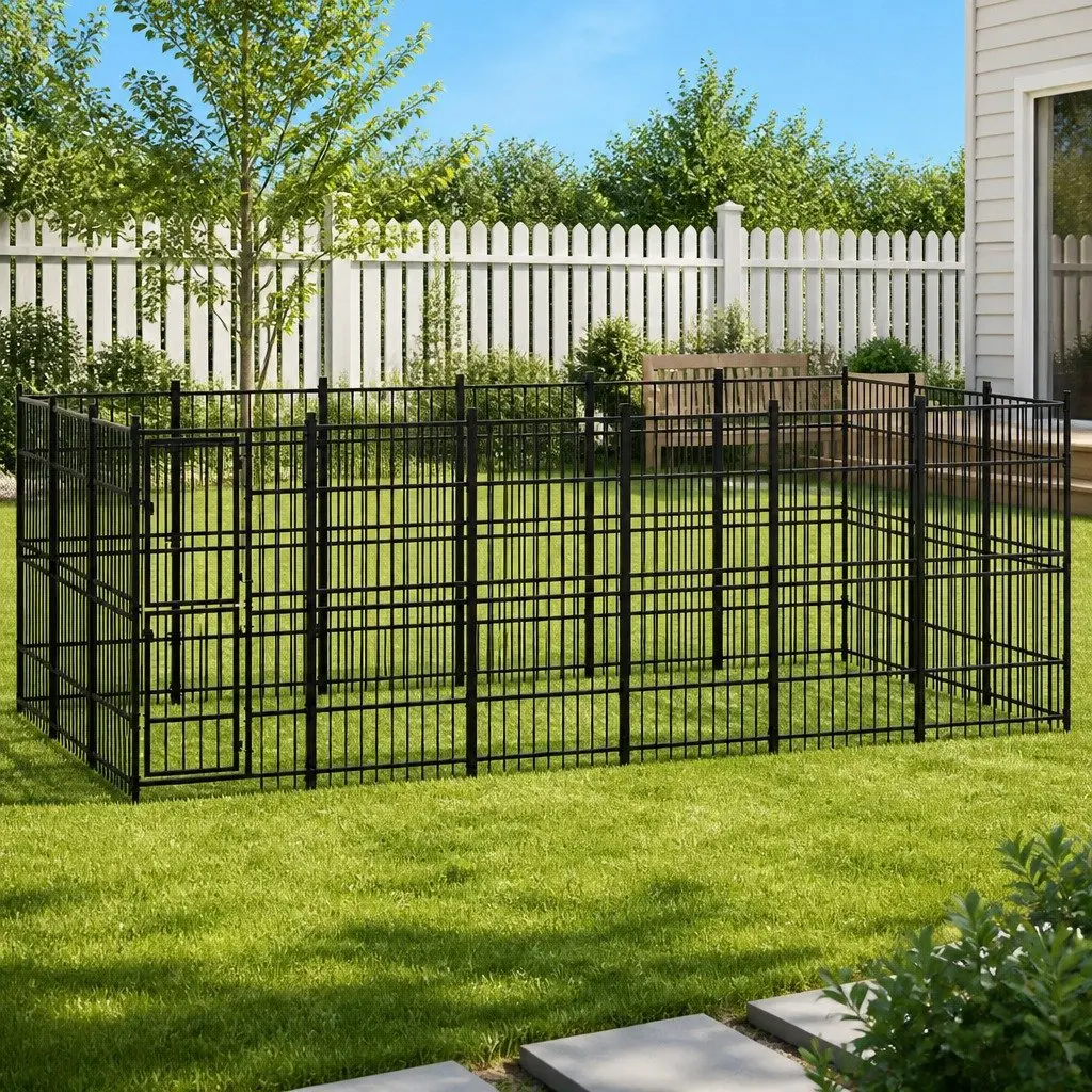 Large Dog Exercise Run Pen Steel Outdoor Enclosure 16.59 m² Black