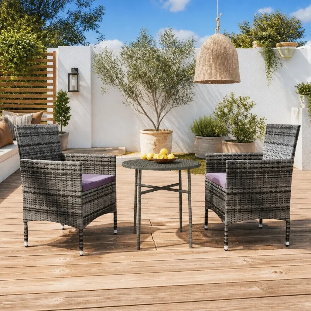3 Piece Garden Dining Set Outdoor Patio Furniture PE Rattan Grey Chairs Table
