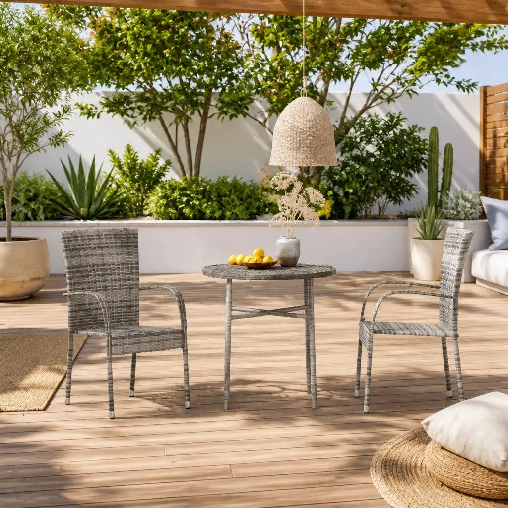 3 Piece Outdoor Dining Set Patio Garden Furniture Grey Poly Rattan Table Chairs
