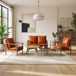 3 Piece Sofa Set: Solid Acacia Wood, Goat Leather, Foam Padding