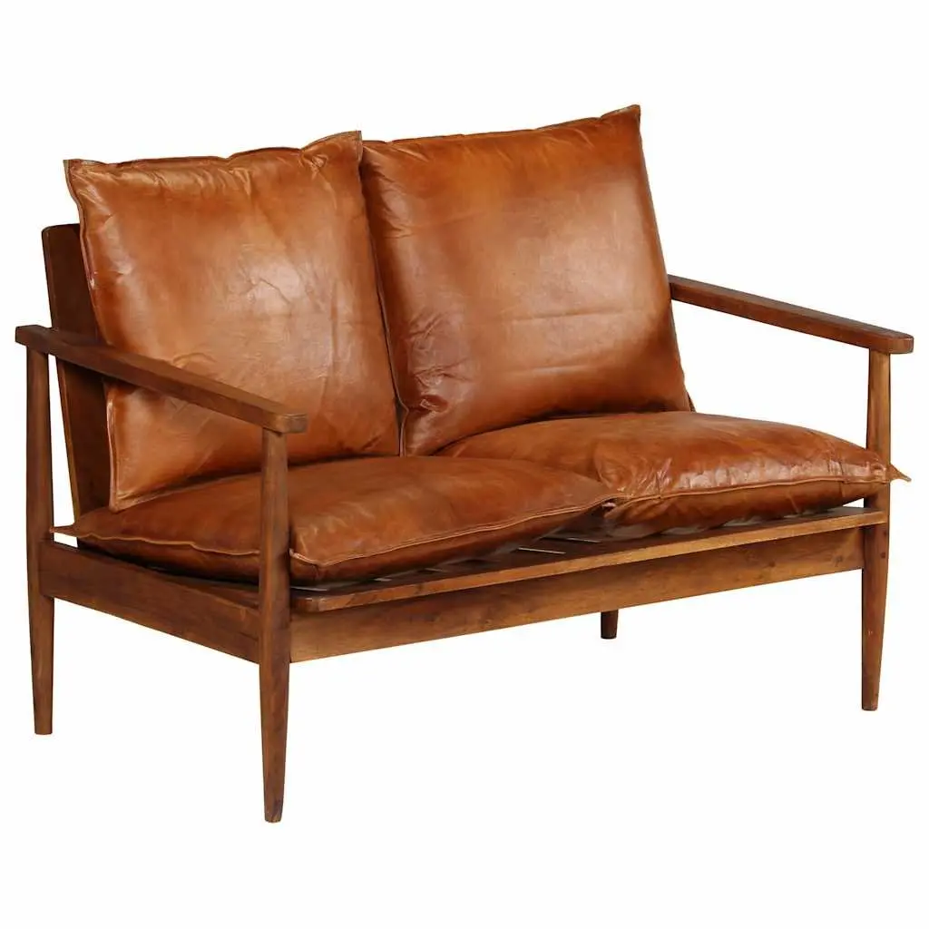 3 Piece Sofa Set Solid Acacia Wood Frame Goat Leather Brown Living Room