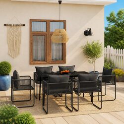 7 Piece Garden Dining Set: Black Steel Frame and Rattan Chairs
