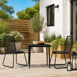 3 Piece Garden Dining Set: Black Glass Table and Rattan Chairs