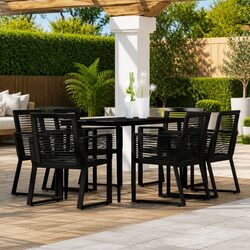 7-Piece Garden Dining Set with Black Steel and Glass Finish