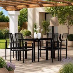 7 Piece Outdoor Dining Set Black Glass Table Rattan Chairs Garden Furniture