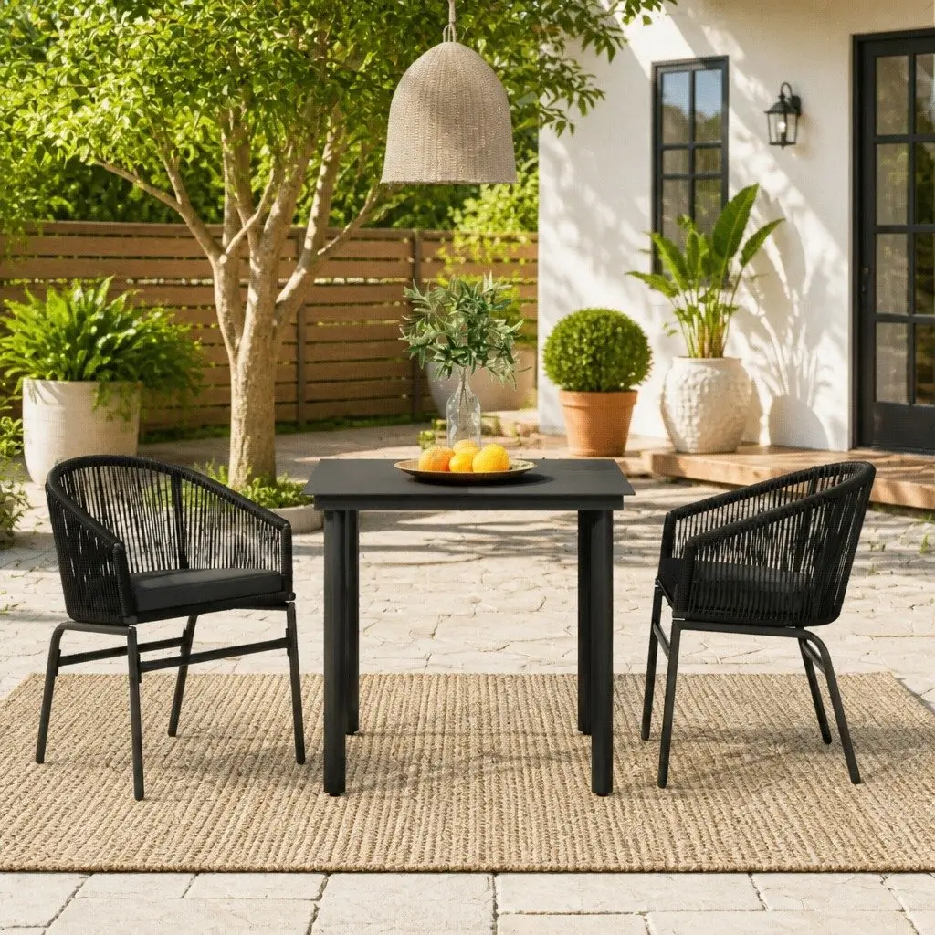 3 Piece Outdoor Dining Set Garden Patio Black Glass Table Rattan Chairs