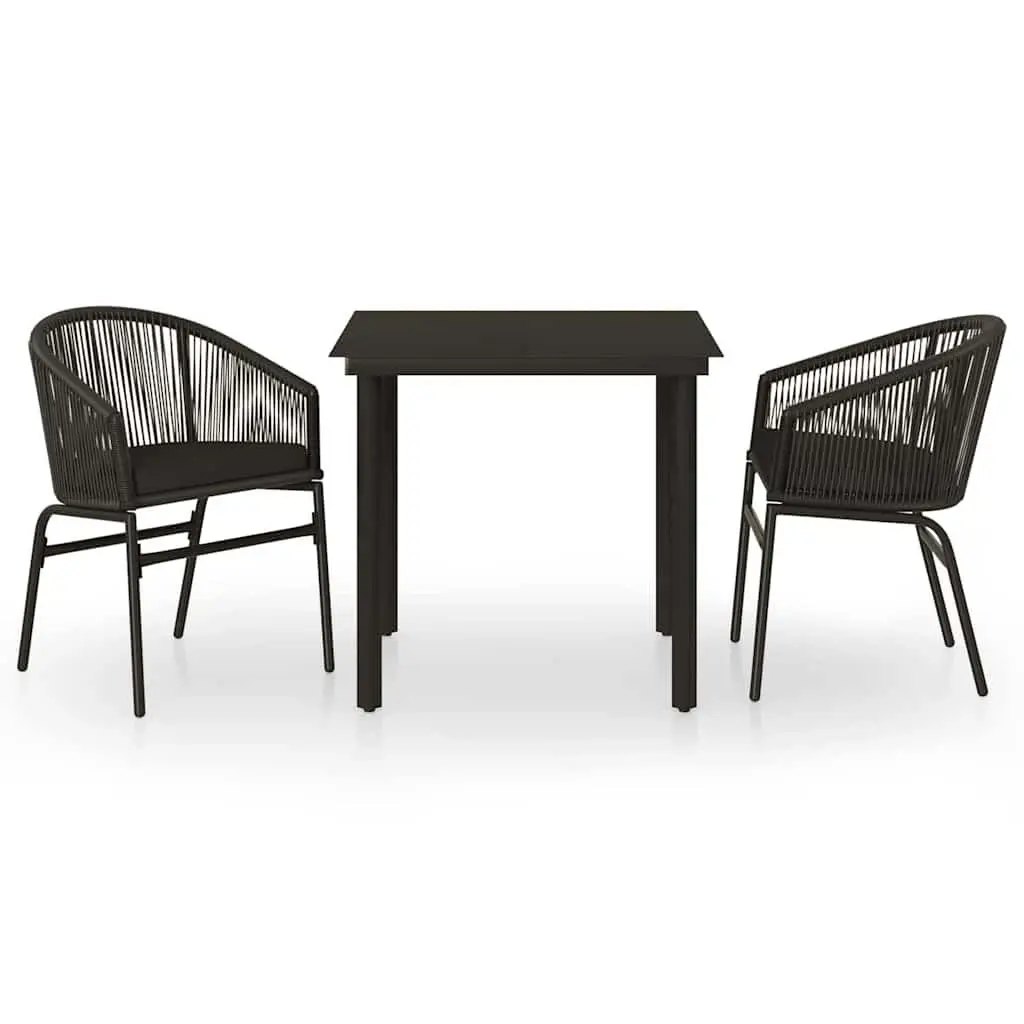 3 Piece Outdoor Dining Set Garden Patio Black Glass Table Rattan Chairs