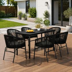7 Piece Outdoor Dining Set: Black Steel and Glass Table