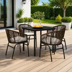 5 Piece Outdoor Dining Set Specifications: Steel Frame, Glass Table, Rattan Chairs Brown