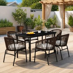 7 Piece Dining Set: Brown Steel Frame, Glass Table, Rattan Chairs