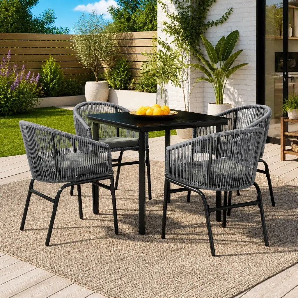 Garden Dining Set Outdoor Patio Furniture 5 Piece Grey Rattan Chairs Glass Table