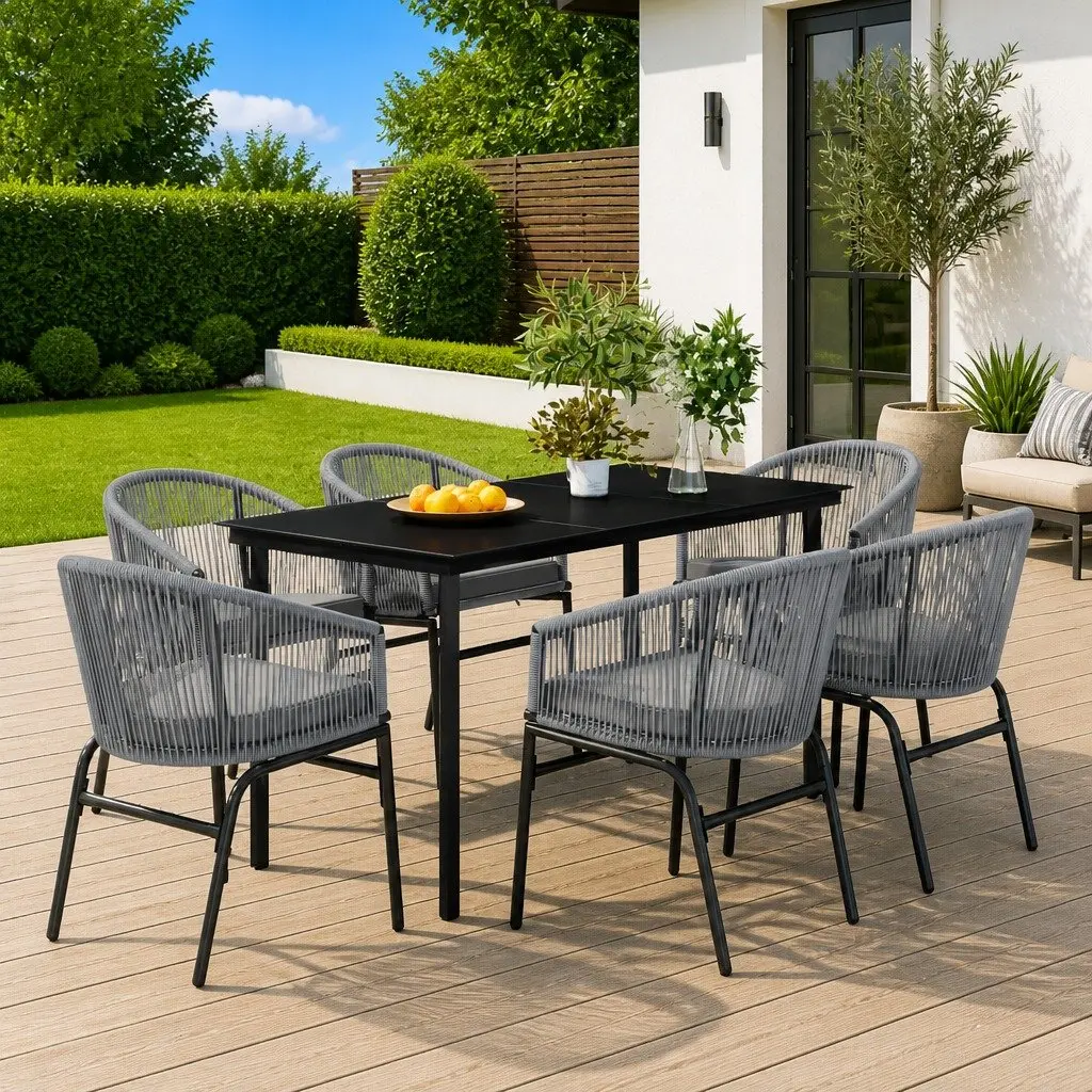 7 Piece Garden Dining Set Outdoor Patio Furniture Grey Steel Frame Glass Table