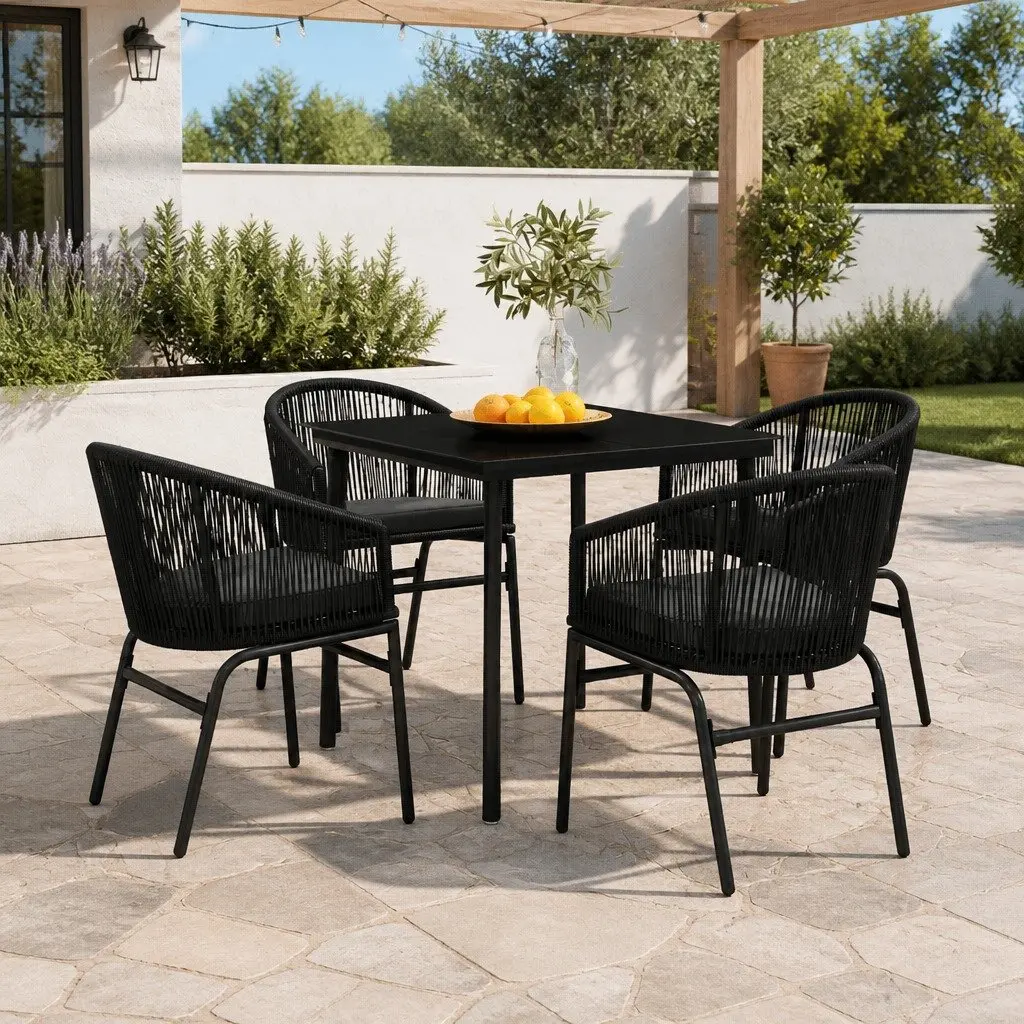 5 Piece Outdoor Garden Dining Set Steel Frame Glass Table Rattan Chairs Black