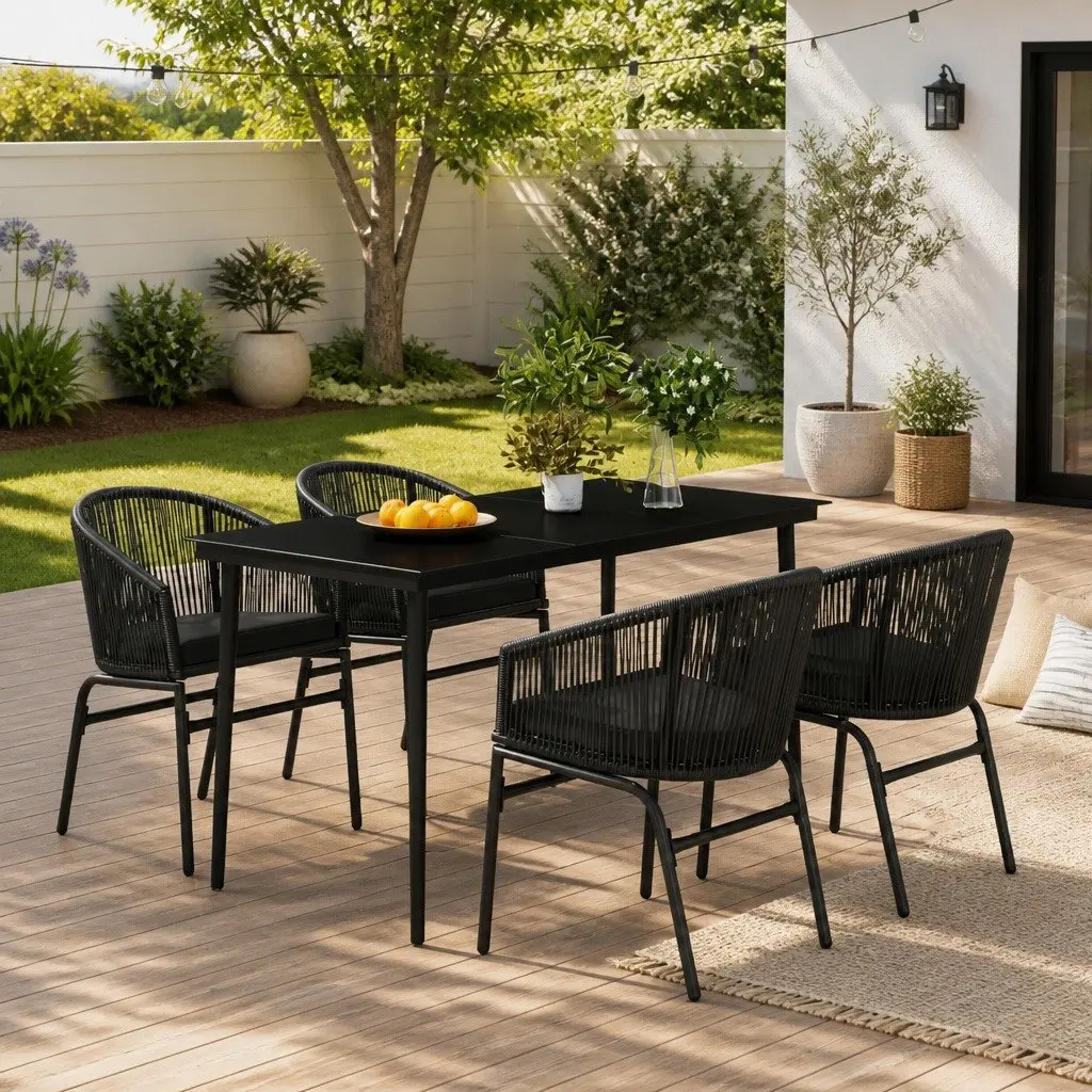 Garden Dining Set Outdoor Patio Furniture 5 Piece Black Glass Table Chairs