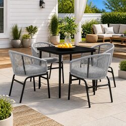 5 Piece Garden Dining Set: Steel Frame, Glass Top, Grey