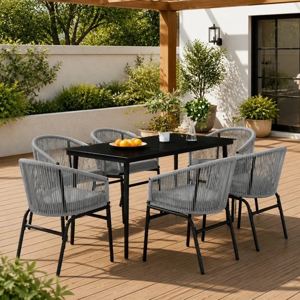 Garden Dining Set Outdoor Use 7 Piece Grey Glass Table Rattan Chairs