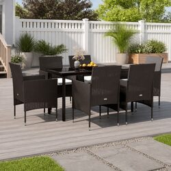 7 Piece Outdoor Dining Set: Black Steel Frame with Cushions