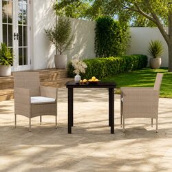 3 Piece Garden Dining Set: Steel Frame, Rattan, Glass