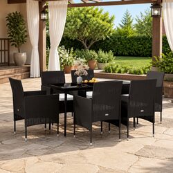 7 Piece Outdoor Dining Set with Cushions Black Garden Patio Furniture Table