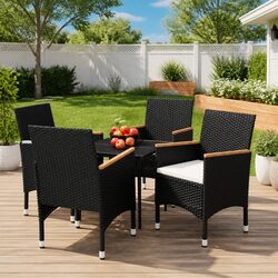 5 Piece Dining Set: Black Glass Table & Rattan Chairs