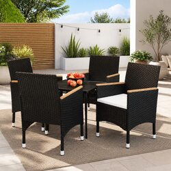 5 Piece Outdoor Dining Set: Black Steel and Rattan