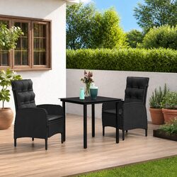 Garden Dining Set 3 Piece Outdoor Furniture Black Reclining Chairs Glass Table