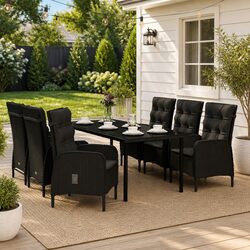 7 Piece Garden Dining Set: Black Steel & Rattan