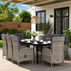 Garden Dining Set 9 Piece Outdoor Furniture Table Chairs Grey Black Rattan