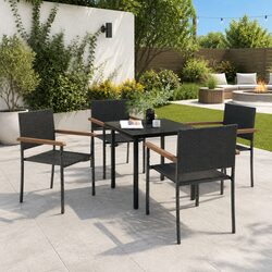 5-Piece Outdoor Dining Set: Black Glass Table & Rattan Chairs
