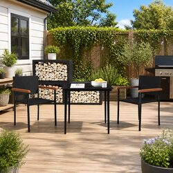 Garden Dining Set 3 Piece Outdoor Furniture Black Glass Table Rattan Chairs
