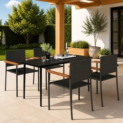 5 Piece Garden Dining Set: Black Rattan and Glass Top