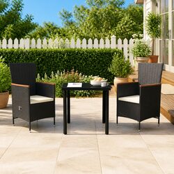 Garden Dining Set 3 Piece Outdoor Furniture Table Chairs Rattan Cushions Black