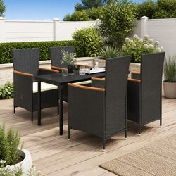 5-Piece Patio Dining Set: Black Steel, Rattan & Glass