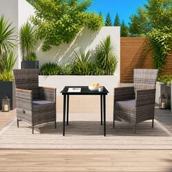 Grey Rattan Garden Dining Set: 2 Chairs and Glass Table