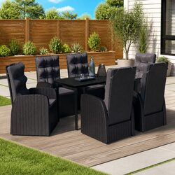 7 Piece Outdoor Garden Dining Set Black Rattan Chairs Glass Table Patio