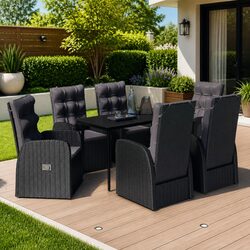 7 Piece Black Outdoor Dining Set - Steel & Rattan Construction