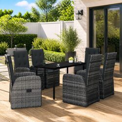 7 Piece Garden Dining Set: Grey with Cushions, Steel Frame
