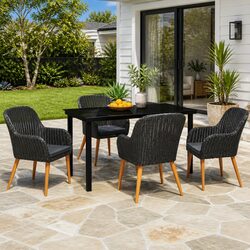 5 Piece Black Rattan Dining Set with Glass Top and Cushions
