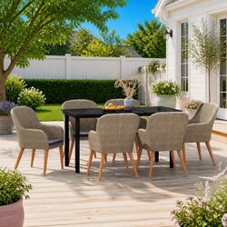Garden Dining Set 7 Piece Outdoor Furniture Brown Rattan Chairs Glass Table