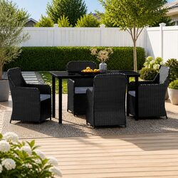 5 Piece Outdoor Garden Dining Set Black Steel Frame Rattan Chairs Glass Table