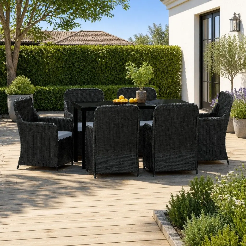 7 Piece Garden Dining Set Outdoor Patio Furniture Black Rattan Chairs Table