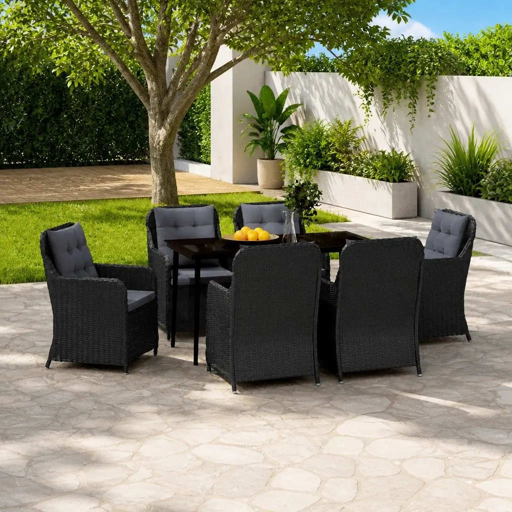 7 Piece Outdoor Garden Dining Set Patio Use Black Steel Frame PE Rattan Chairs Glass Table