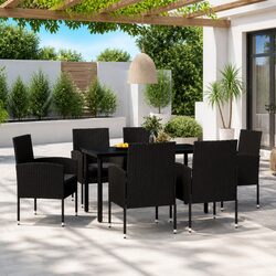 7 Piece Garden Dining Set Outdoor Patio Furniture Black Glass Top Steel Frame