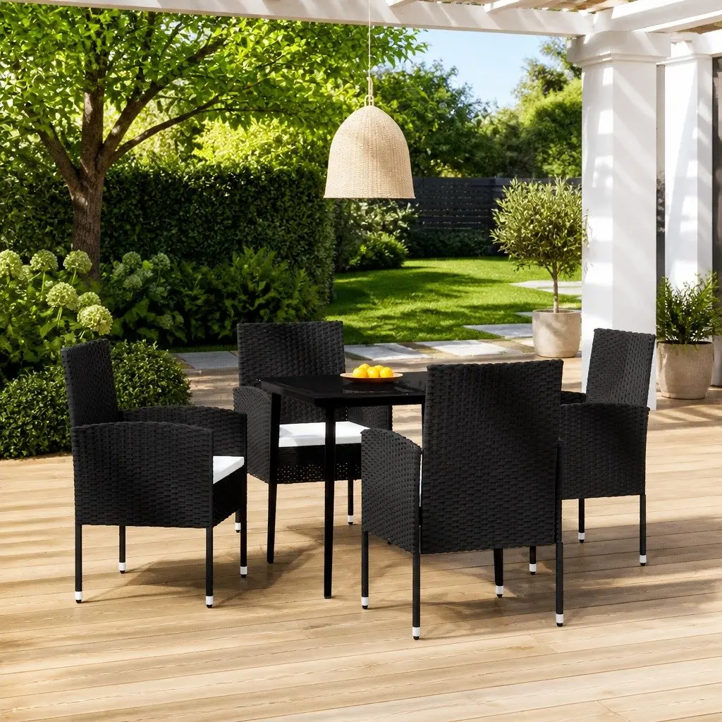 Garden Dining Set 5 Piece Patio Garden Furniture Black Steel Frame Glass Table Chairs