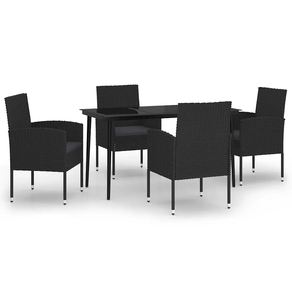 5 Piece Outdoor Dining Set for Patio Garden Black Steel Frame Glass Table Rattan Chairs